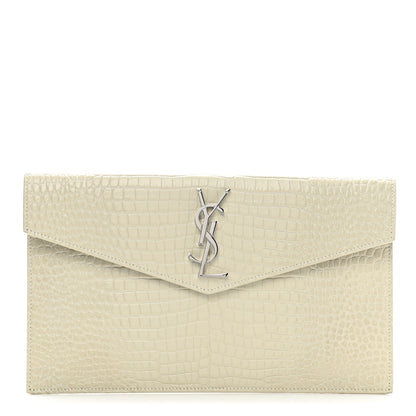 Saint Laurent Calfskin Crocodile Embossed Uptown Monogram Pouch Crema Soft 1 of 9