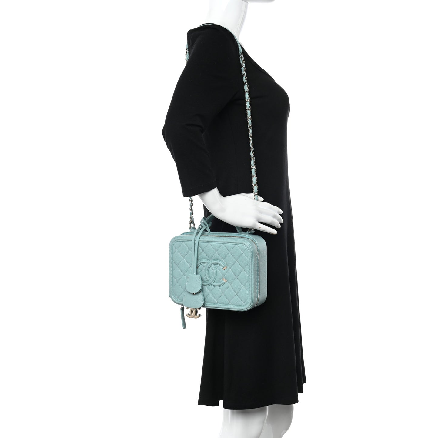 Caviar Quilted Medium CC Filigree Vanity Case Light Blue