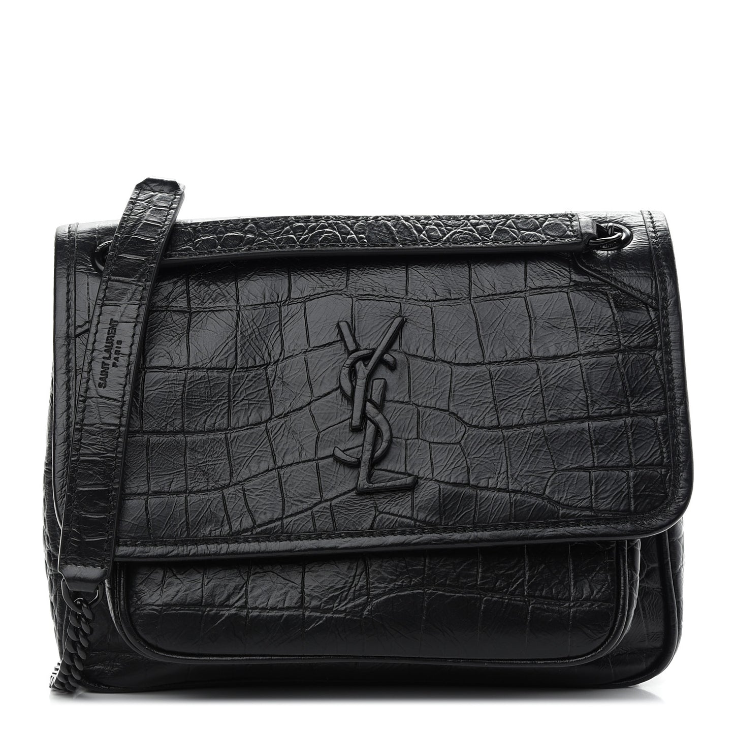 Calfskin Crocodile Embossed Matelasse Monogram Baby Niki Chain Satchel Black