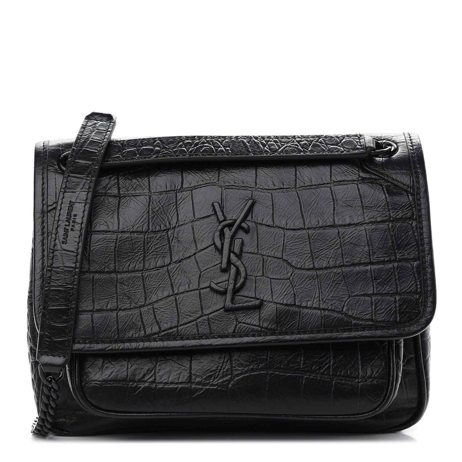 Saint Laurent Calfskin Crocodile Embossed Matelasse Monogram Baby Niki Chain Satchel Black 1 of 9