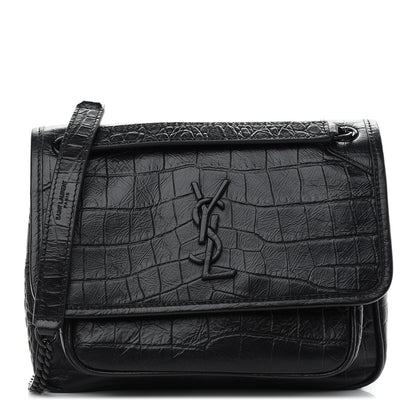 Saint Laurent Calfskin Crocodile Embossed Matelasse Monogram Baby Niki Chain Satchel Black 1 of 9