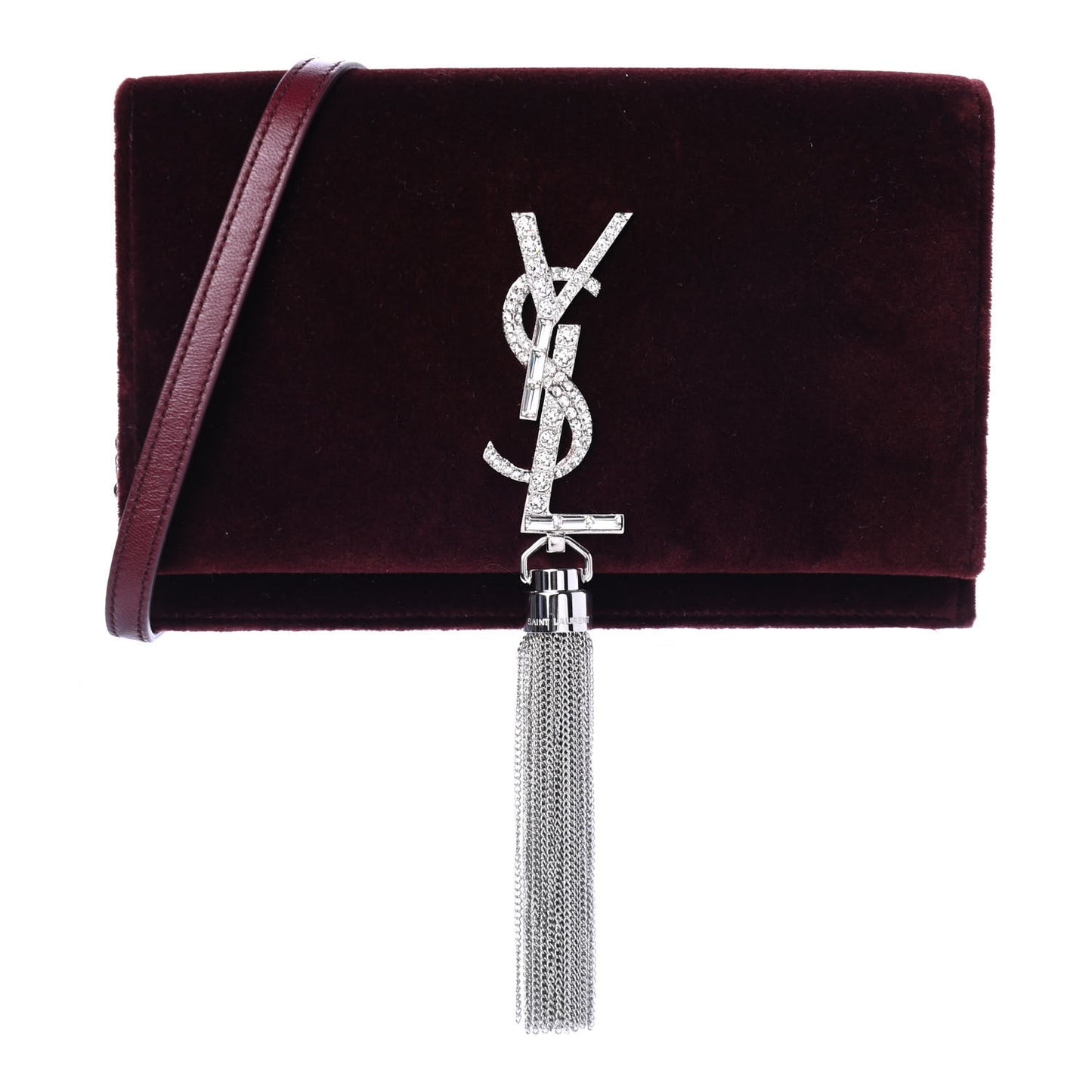 Velvet Crystal Monogram Kate Tassel Shoulder Bag Burgundy