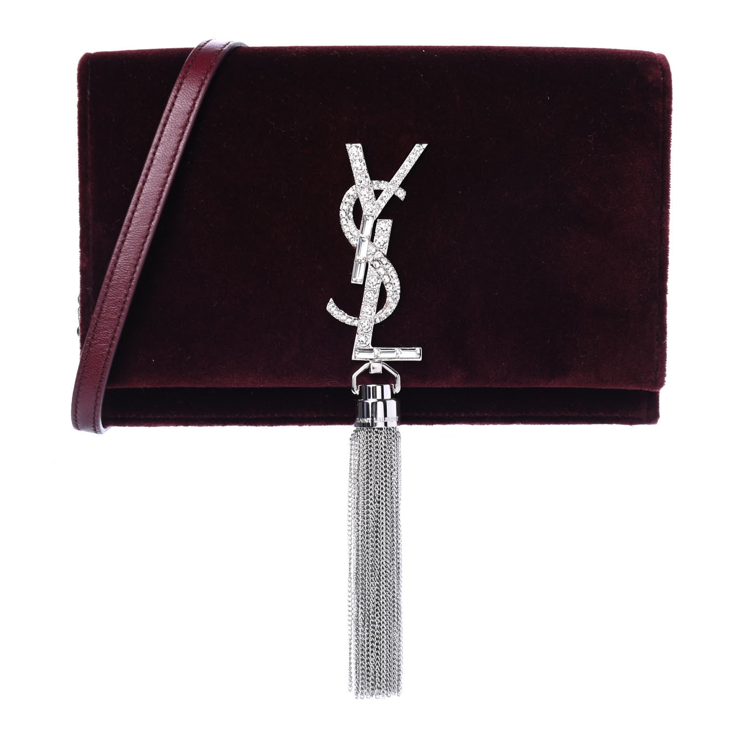 Saint Laurent Velvet Crystal Monogram Kate Tassel Shoulder Bag Burgundy 1 of 4