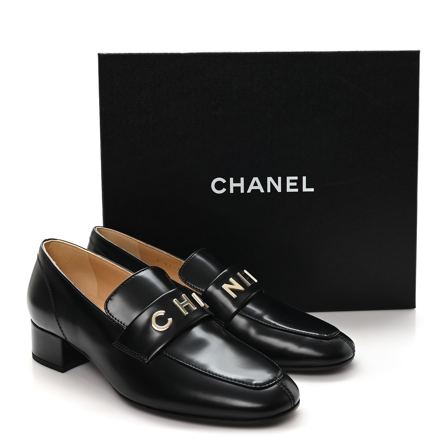 Chanel Shiny Calfskin Logo Loafers 38 Black 10 of 10