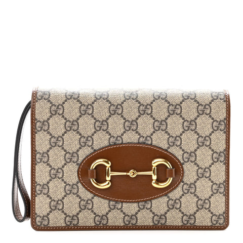 GG Supreme Monogram Azalea Calfskin Horsebit 1955 Wrist Wallet Beige Ebony Brown Sugar