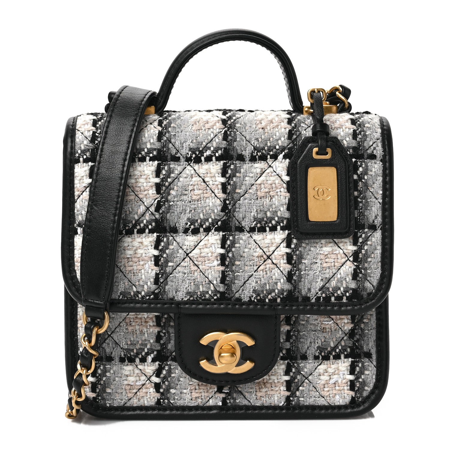Chanel Tweed Calfskin School Memory Mini Top Handle Flap Ecru Grey Beige Black 1 of 8