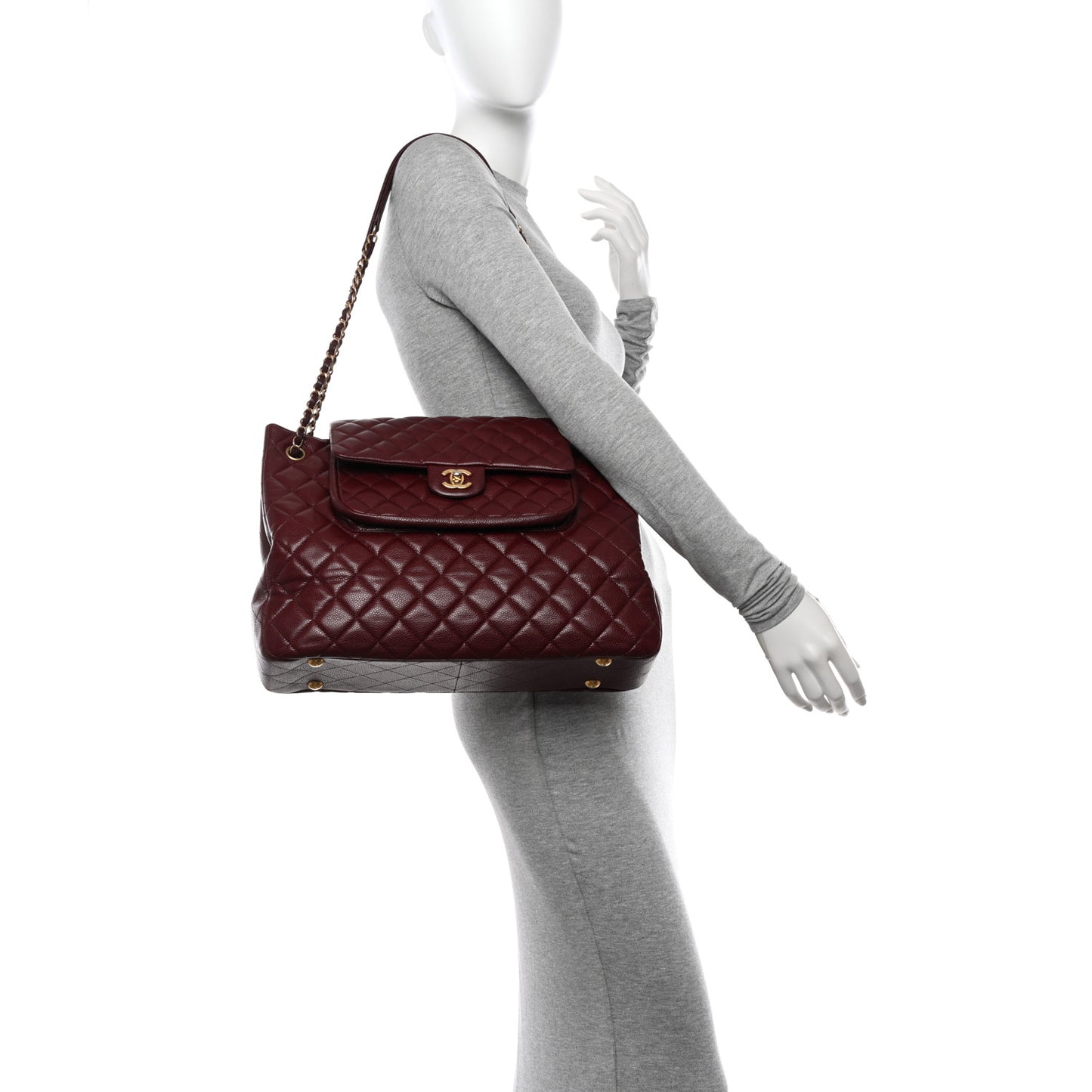 Calfskin Quilted Large Flap Shopping Tote Burgundy