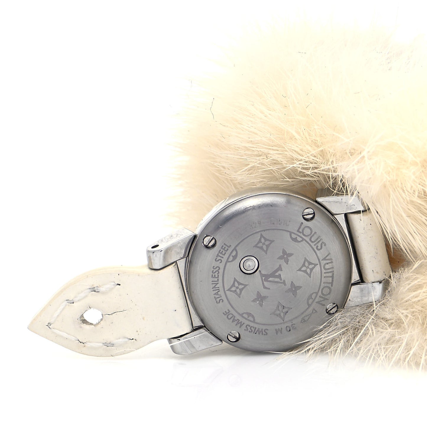 Stainless Steel Calfskin Mother of Pearl Fur 18mm Tambour Bijou Quartz Watch