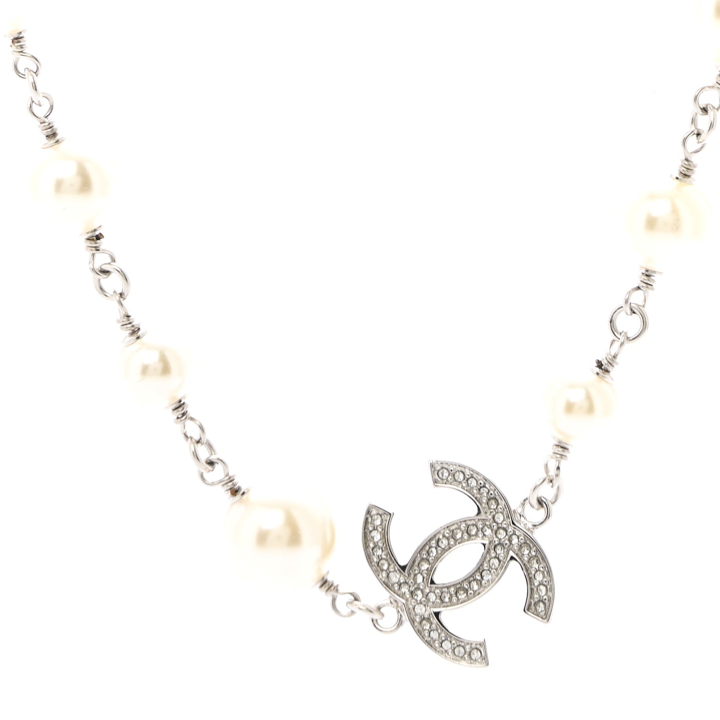 Crystal Pearl CC Long Necklace Silver
