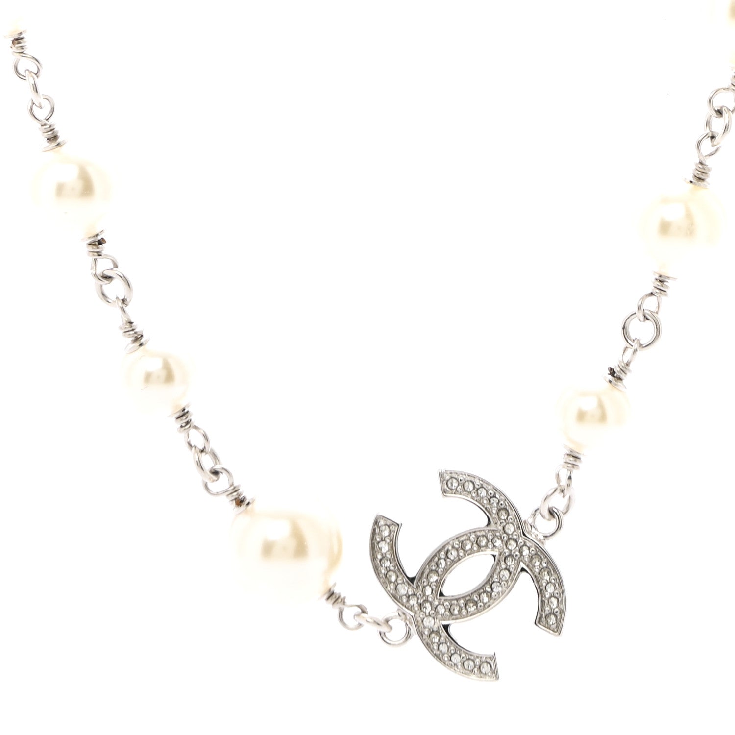 Chanel Crystal Pearl CC Long Necklace Silver 4 of 7