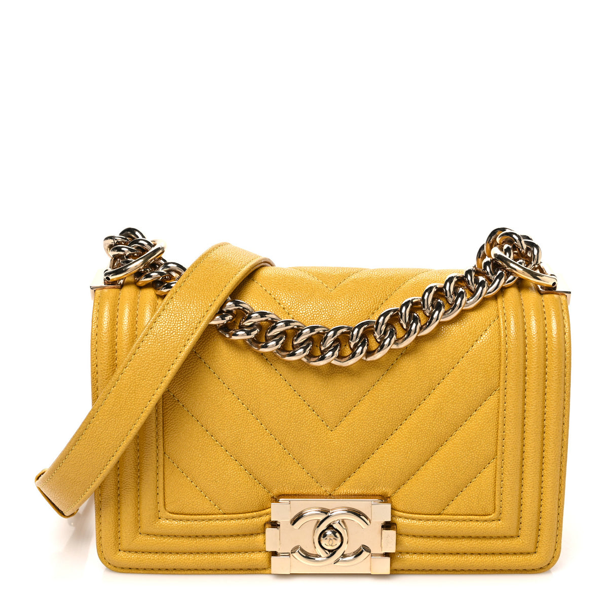 Caviar Chevron Quilted Small Boy Flap Yellow