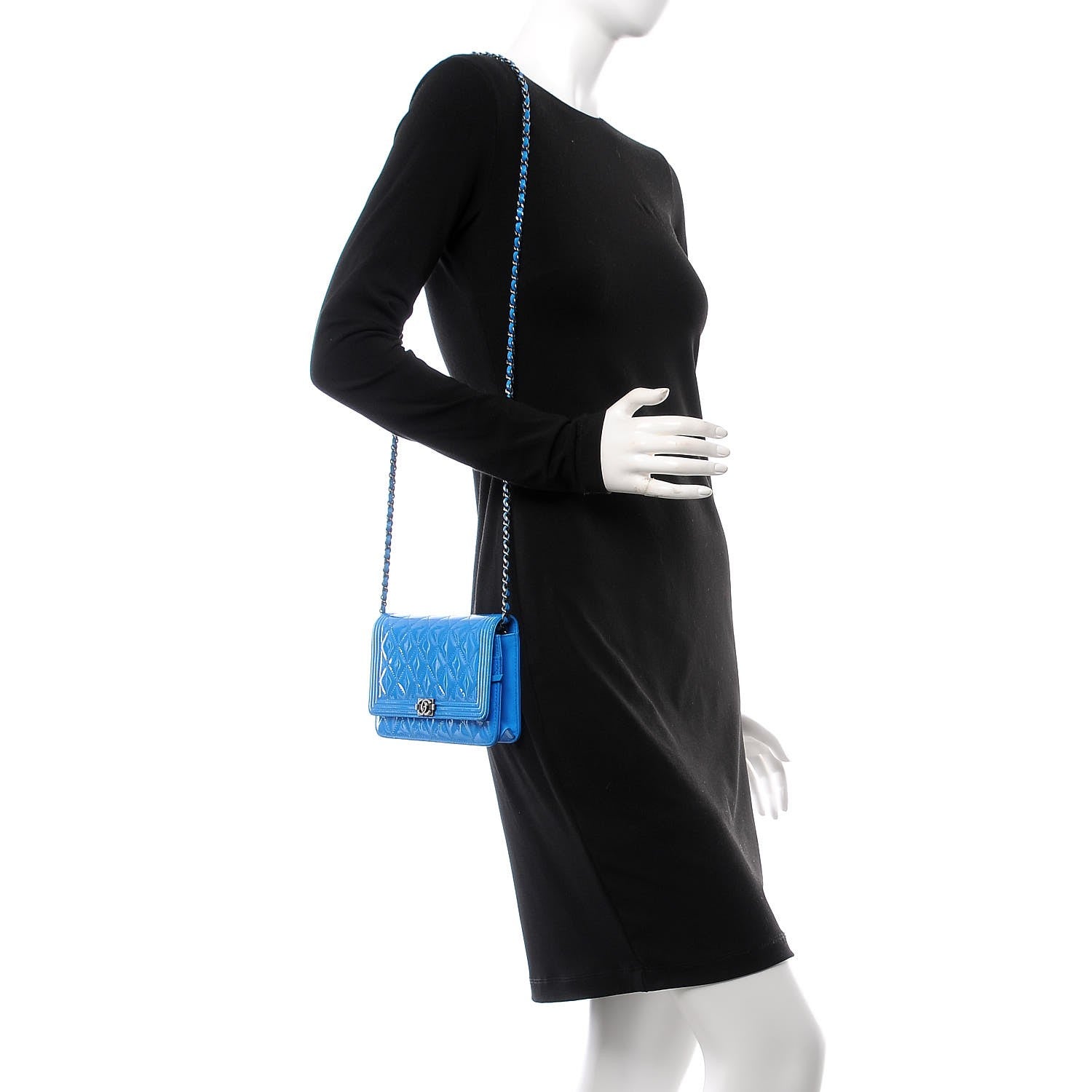 Chanel Patent Calfskin Quilted Boy Wallet On Chain WOC Blue 2 of 11