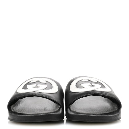 Gucci Nappa Miro Soft Calfskin Womens Interlocking G Slide Sandals 38 Black White 3 of 11
