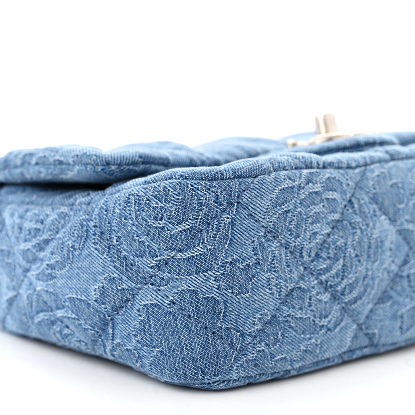 Denim Quilted Camellia Sweetheart Mini Flap Blue