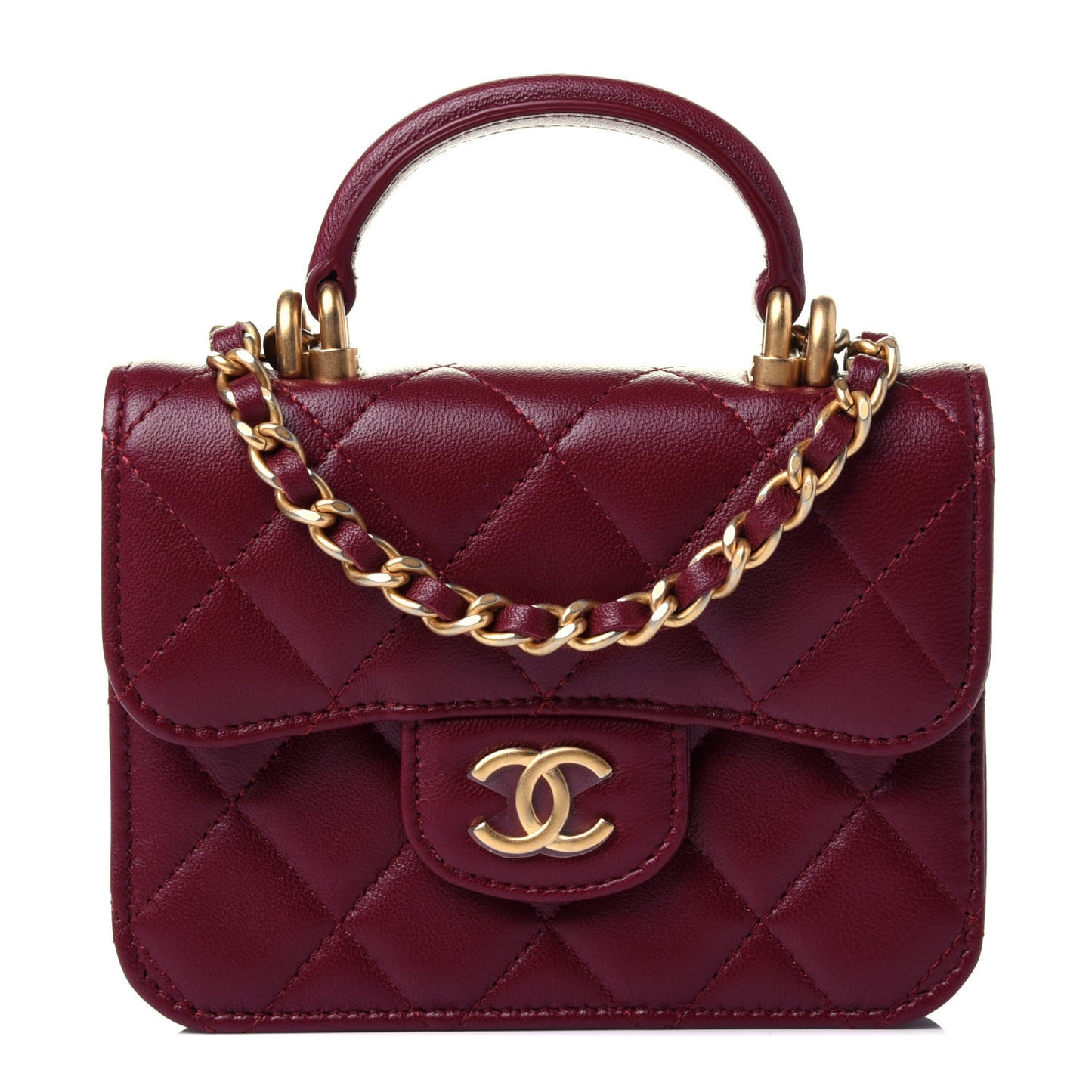 Lambskin Quilted Top Handle Flap Coin Purse With Chain Burgundy