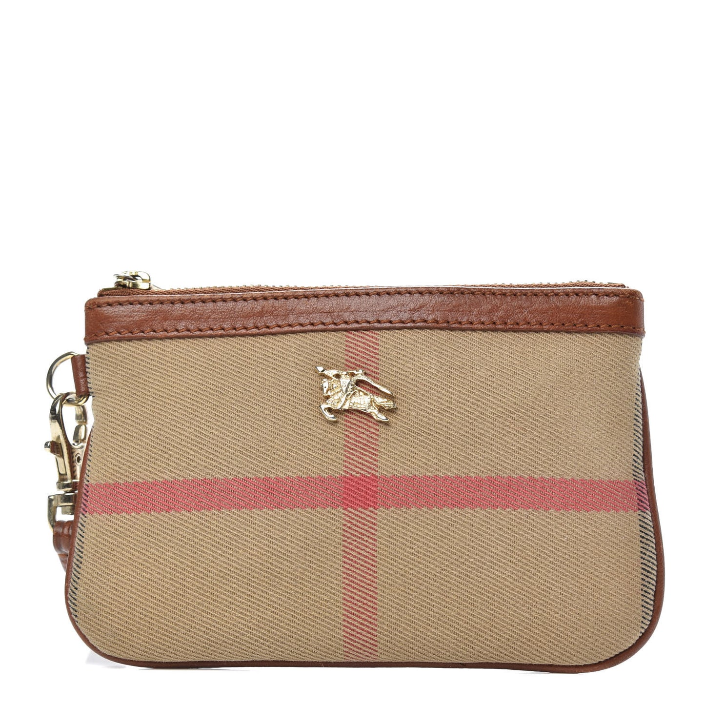 House Check Zip Wristlet Pouch Brown
