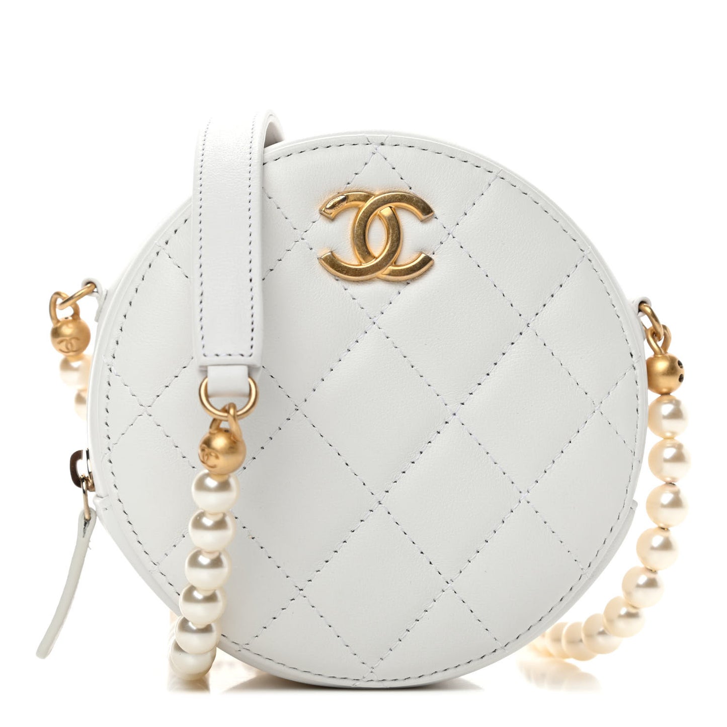 Calfskin Quilted About Pearls Round Clutch With Chain White