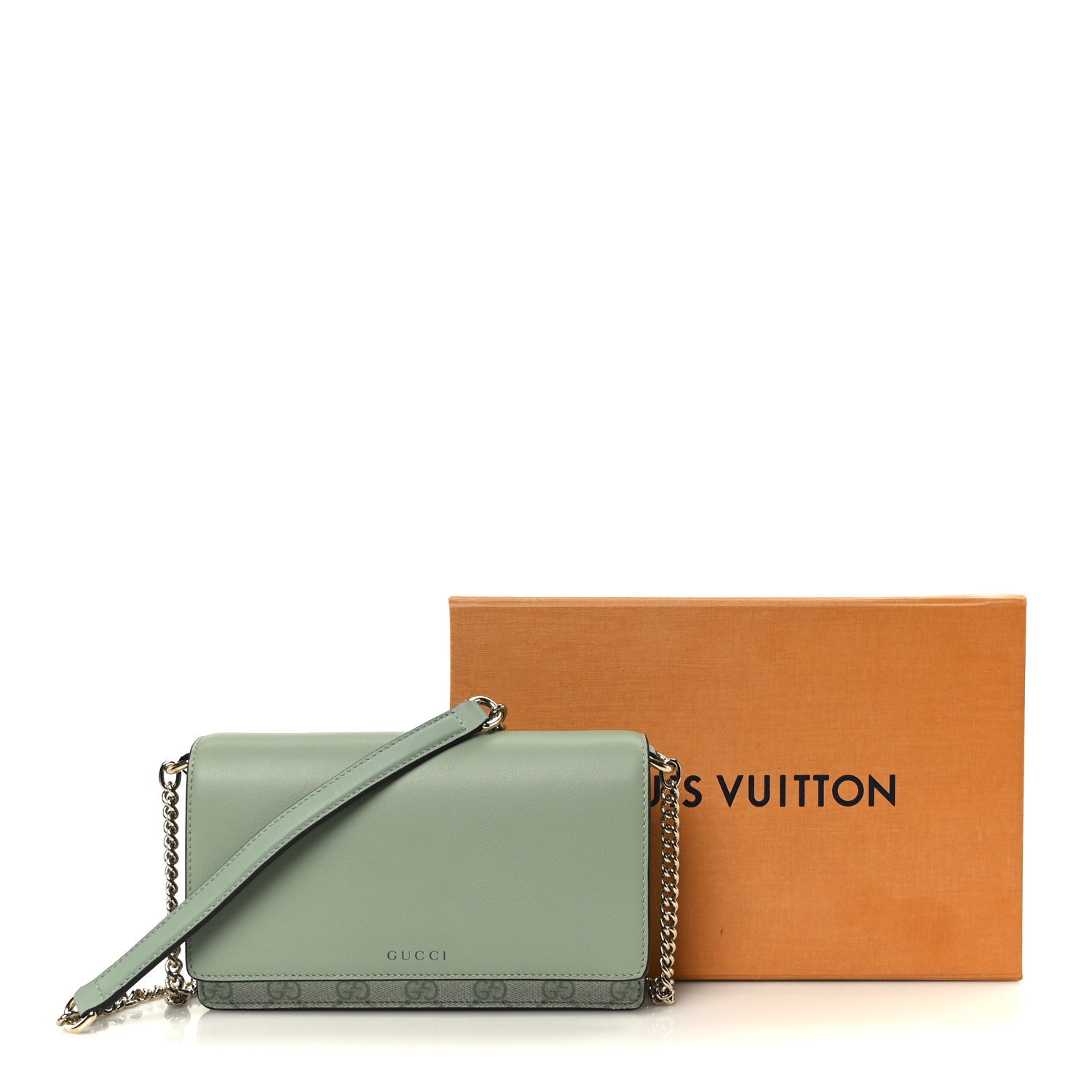 Gucci GG Supreme Monogram Textured Calfskin Emblem Wallet On Chain Sage Green 11 of 11