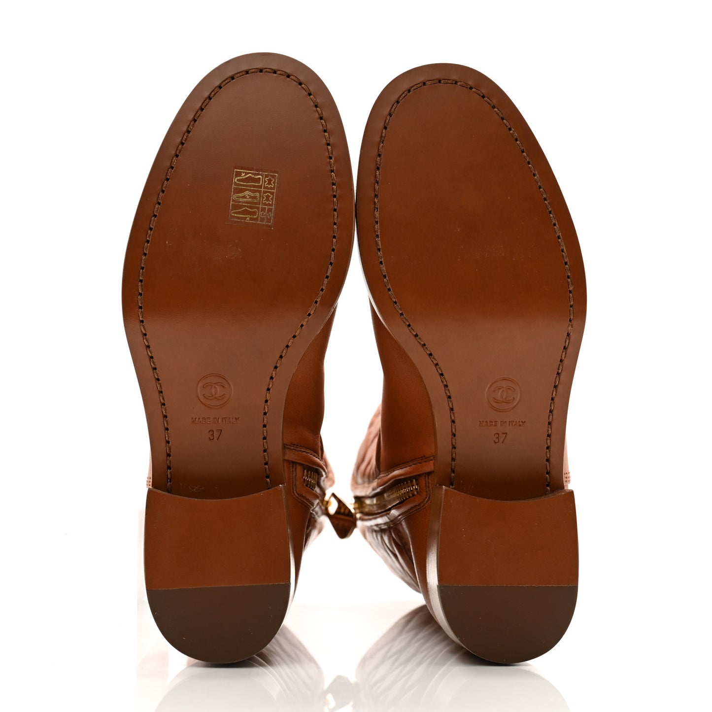 Calfskin CC Logo Mid Calf Boots 37 Caramel
