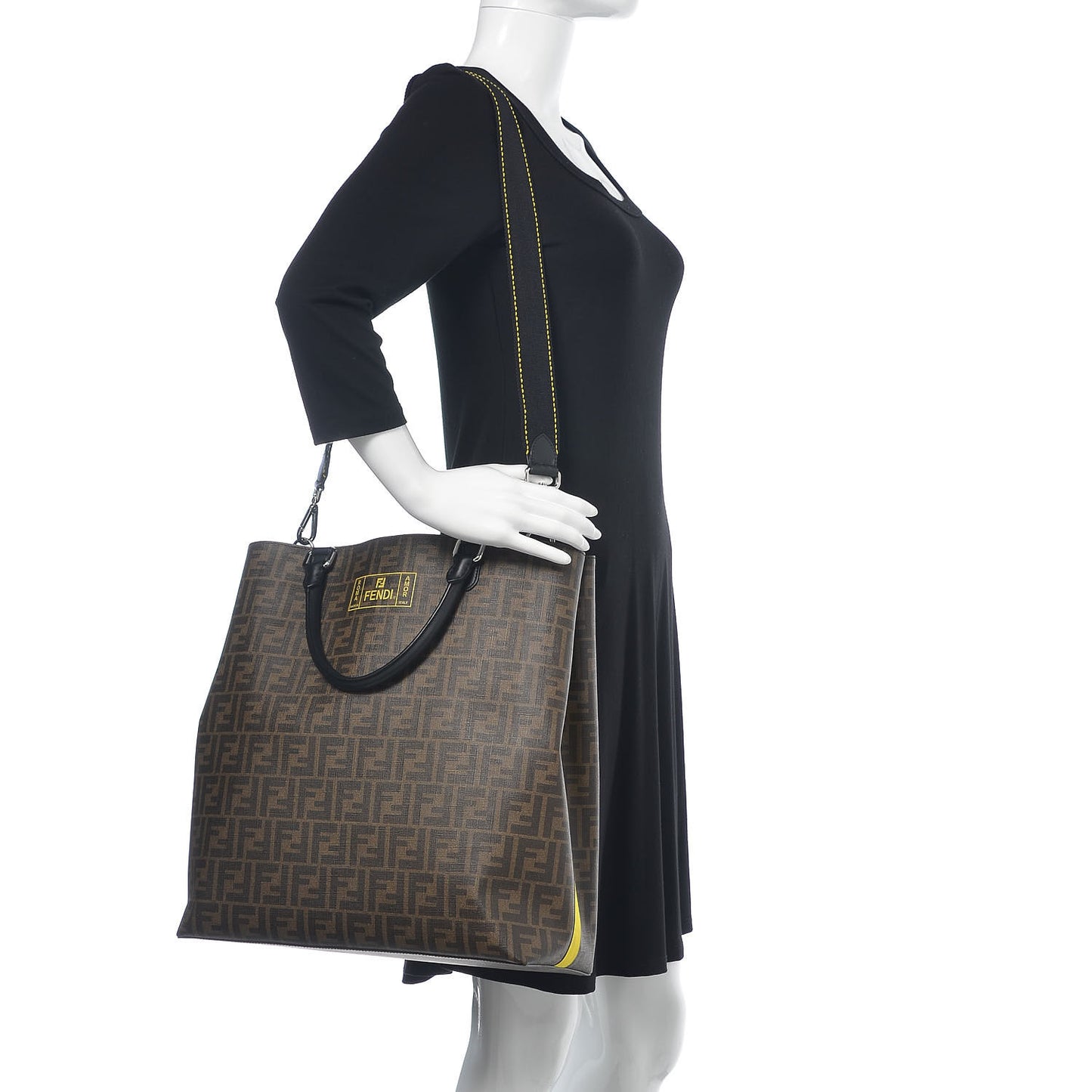 Glazed Fabric Vitello Century FF 1974 Roma Amor Tote Tobacco Moro Black Limone
