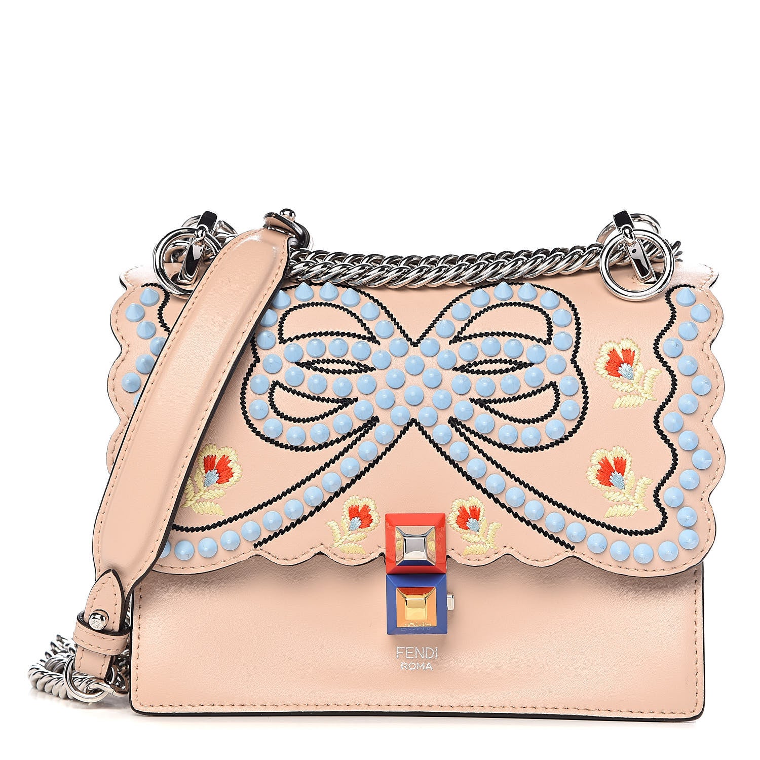 Fendi Vitello Liberty Scalloped Studded Flowers and Bows Small Kan I Shoulder Bag Plaster Multicolor 1 of 10