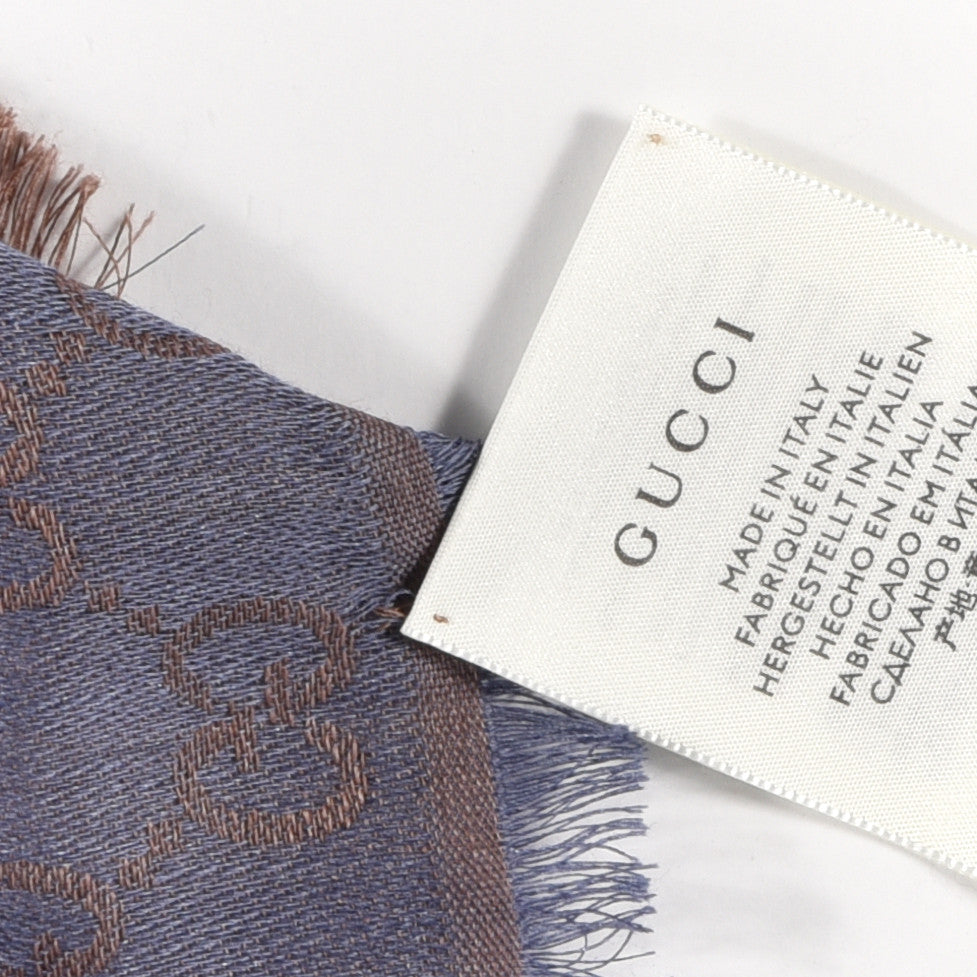 Gucci Wool Silk Monogram GGWeb Fringe Shawl Taupe Sky Blue 4 of 5
