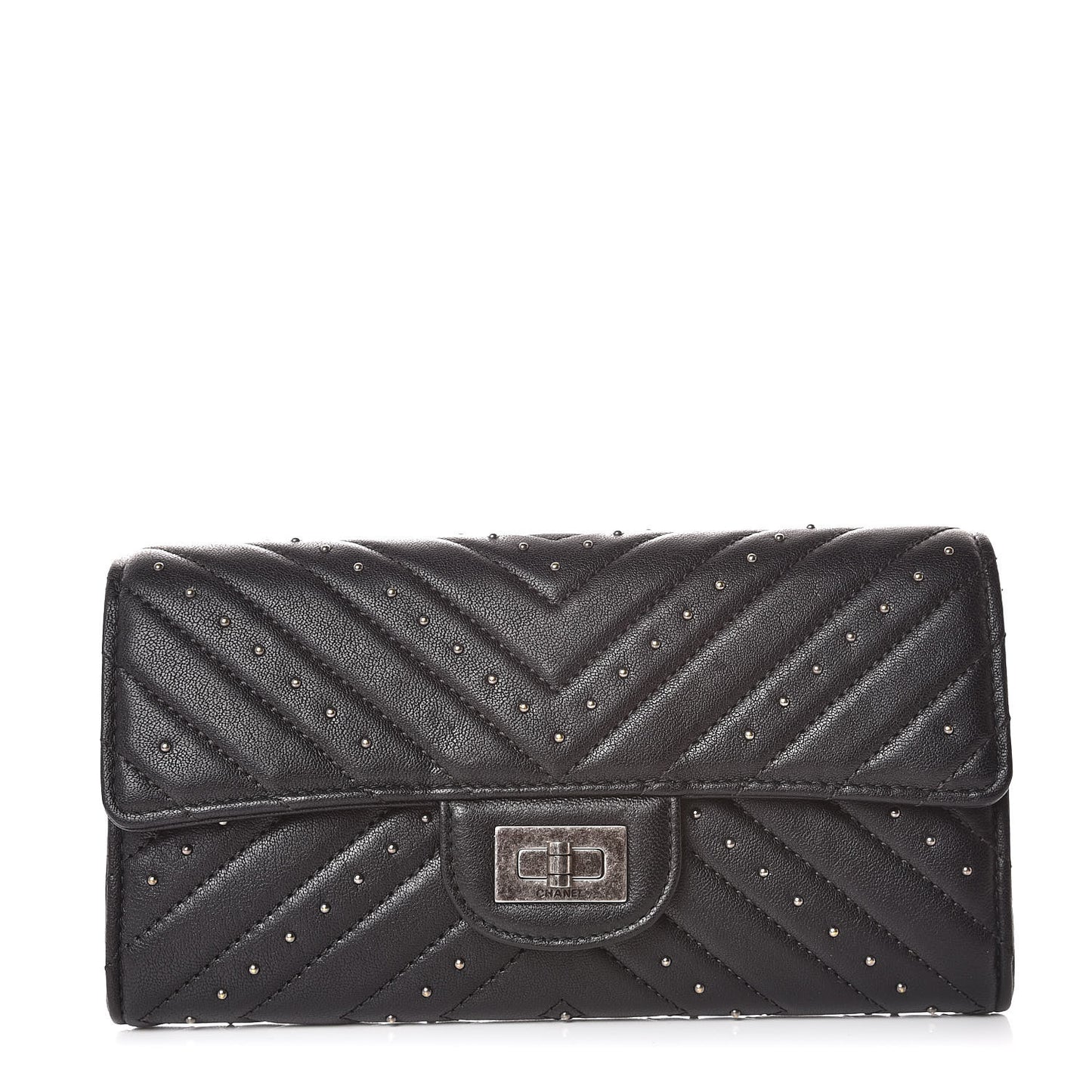 Sheepskin Chevron Quilted Studded Reissue Flap Wallet Black