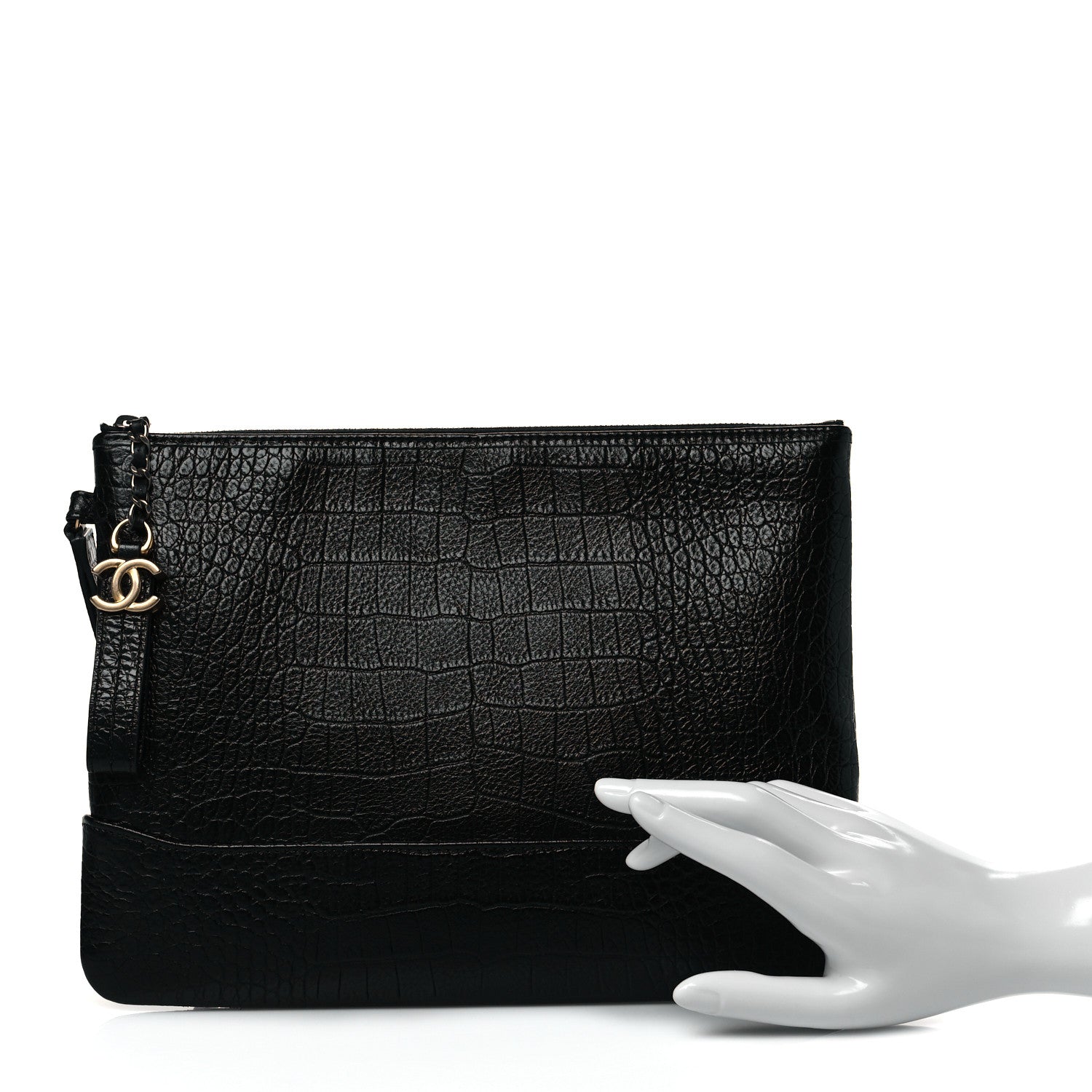 Chanel Calfskin Crocodile Embossed Quilted Medium Gabrielle Cosmetic Case Black 2 of 11