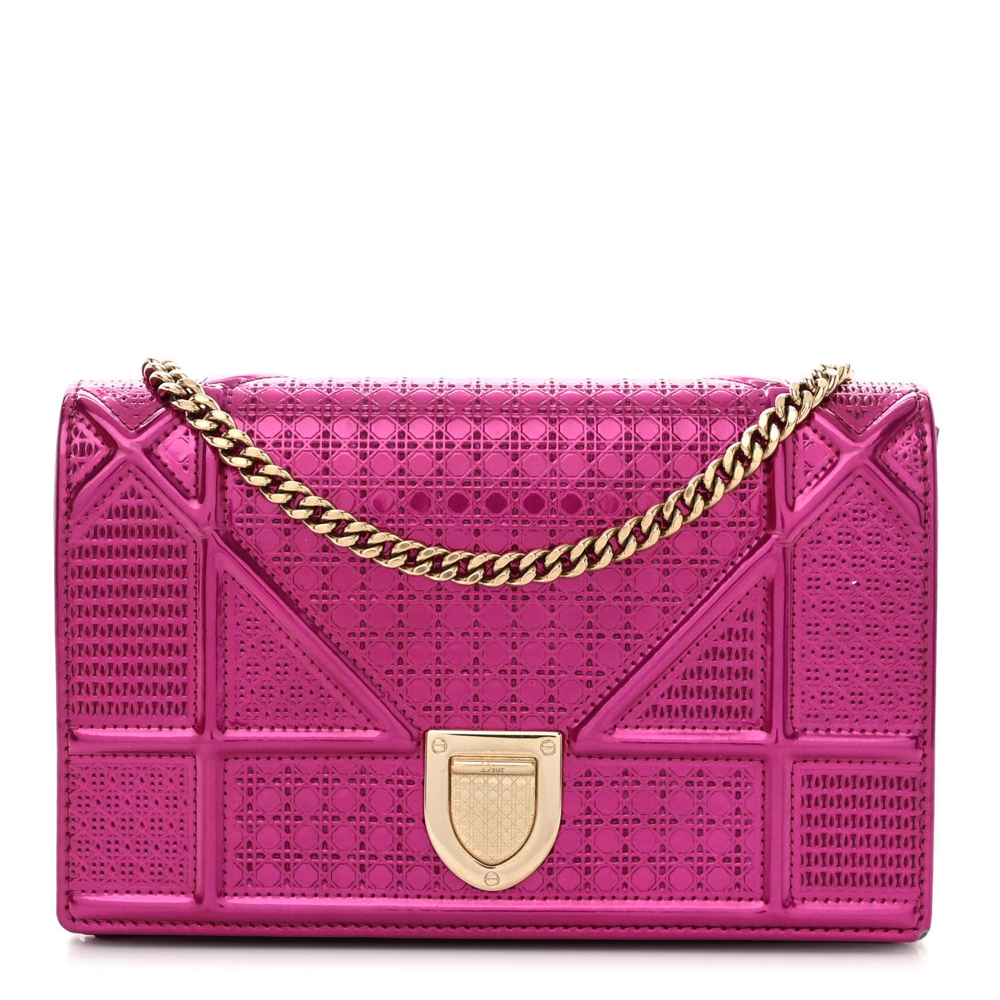 Metallic Patent Micro-Cannage Diorama Wallet on Chain Pouch Fuchsia