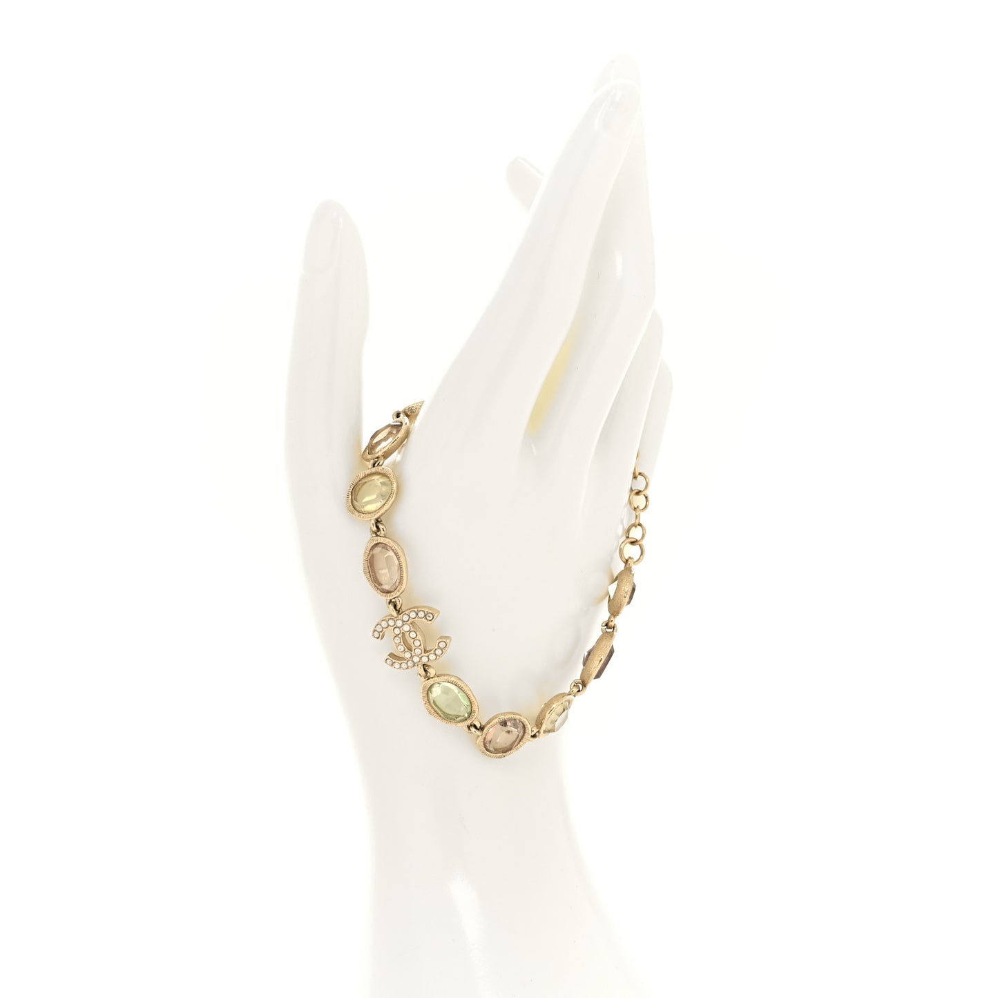 Metal Glass Crystal Strass Pearl CC Chain Bracelet Gold Multicolor Pearly White