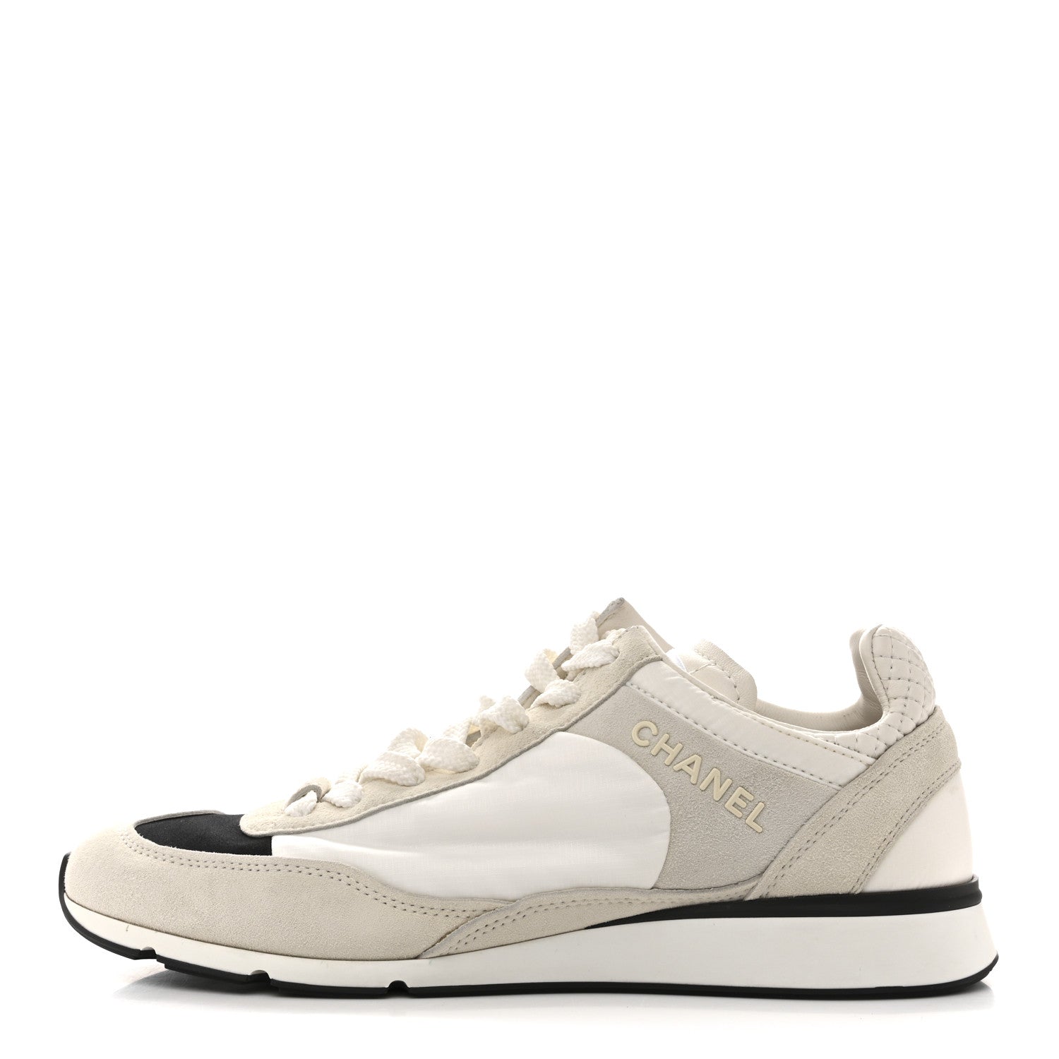 Chanel Nylon Suede Kidskin Calfskin Logo Sneakers 37.5 White Black 1 of 10