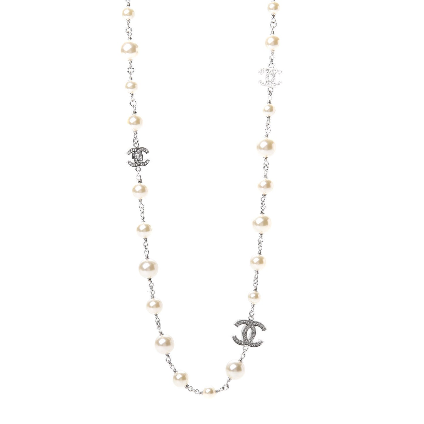 Crystal Pearl CC Long Necklace Silver