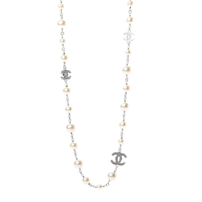 Chanel Crystal Pearl CC Long Necklace Silver 1 of 5