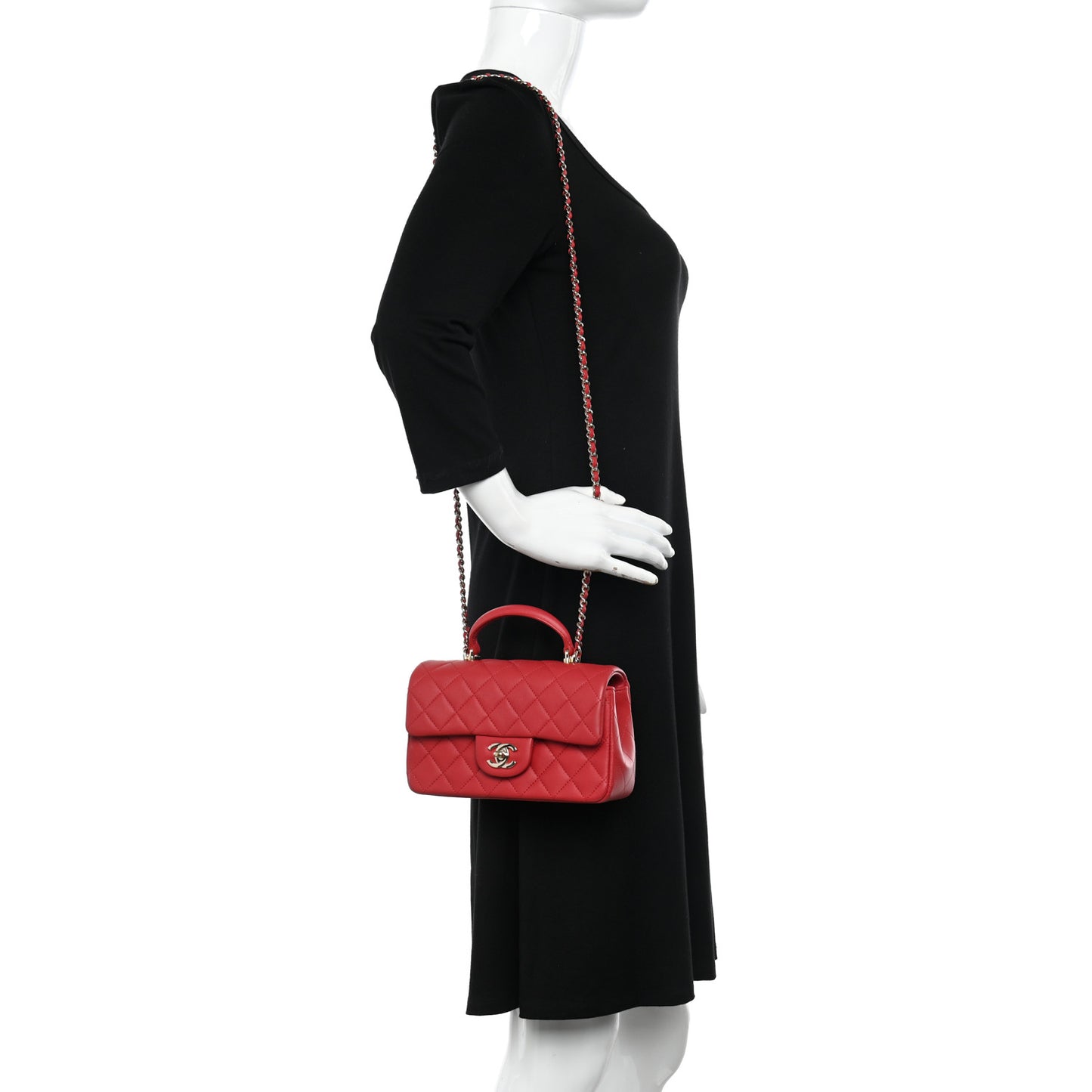 Lambskin Quilted Mini Top Handle Rectangular Flap Red