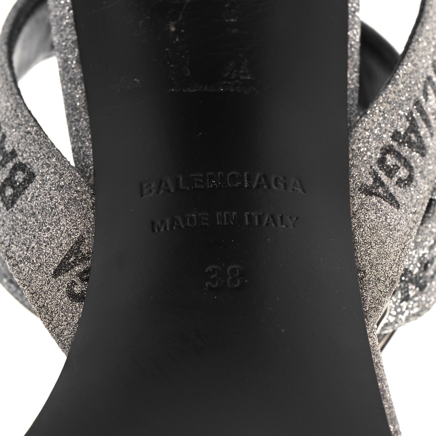 Glitter Allover Logo Ankle Strap Round Heel 80mm Sandals 38 Silver Black