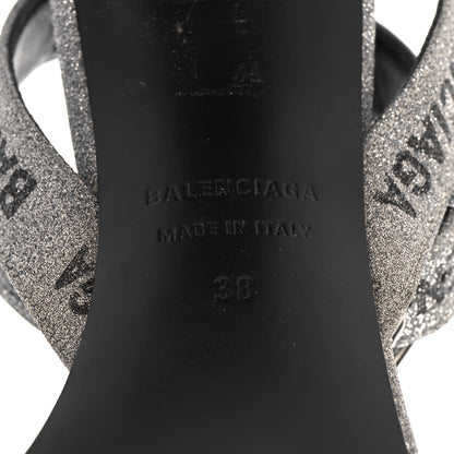 Balenciaga Glitter Allover Logo Ankle Strap Round Heel 80mm Sandals 38 Silver Black 8 of 9