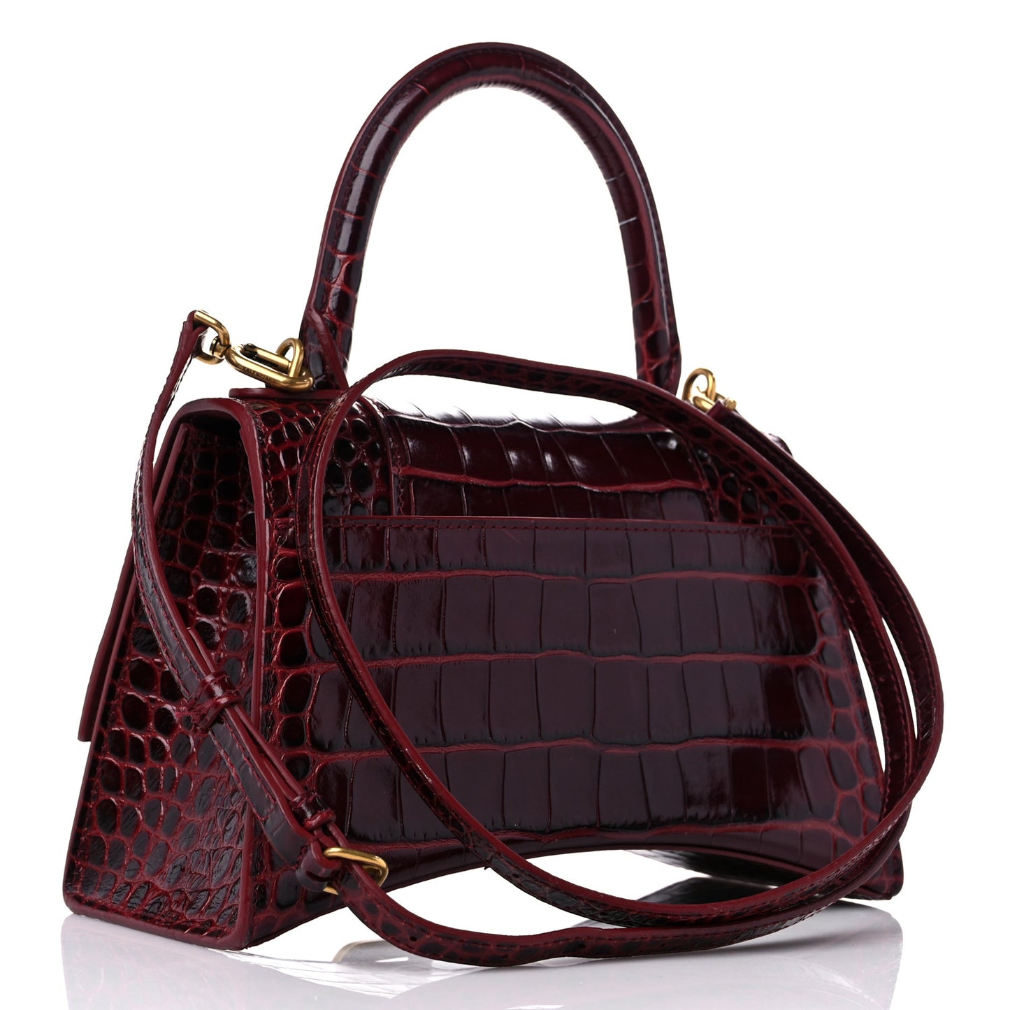 Shiny Calfskin Crocodile Embossed Small Hourglass Top Handle Bag Dark Red