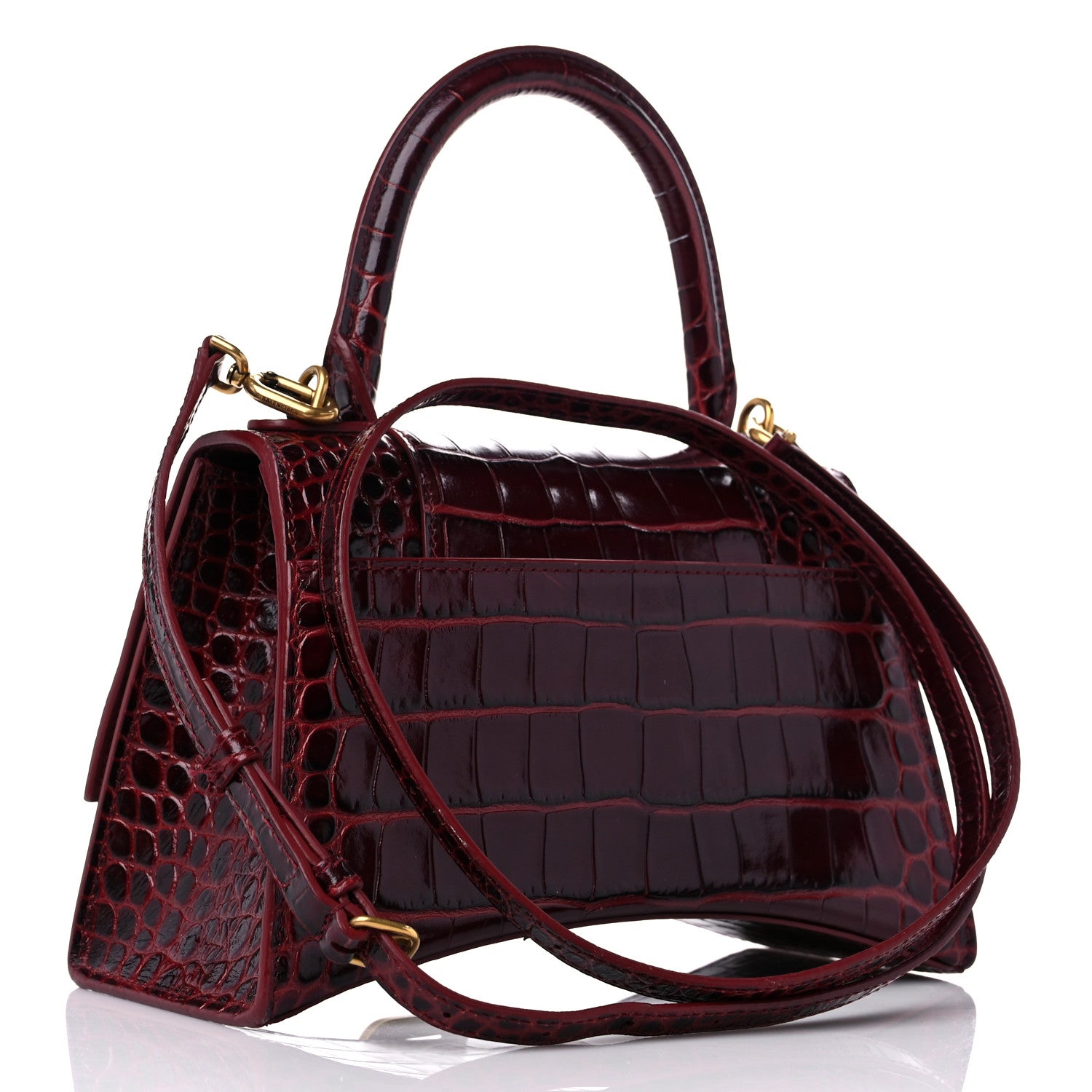 Balenciaga Shiny Calfskin Crocodile Embossed Small Hourglass Top Handle Bag Dark Red 3 of 15