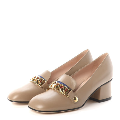 Gucci Malaga Kid Sylvie Web Chain Mid Heel Loafers 35.5 Mud 3 of 7