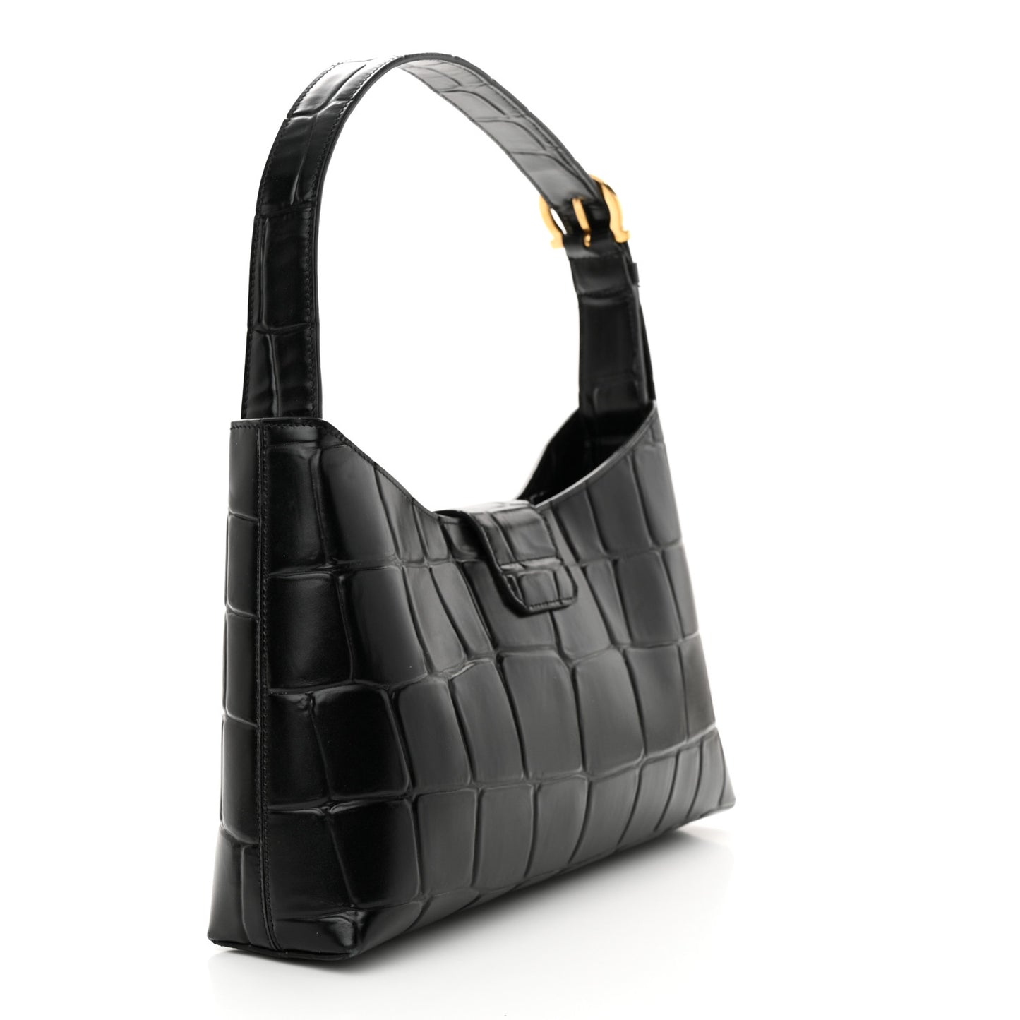 Calfskin Crocodile Embossed Trifolio Shoulder Bag Black