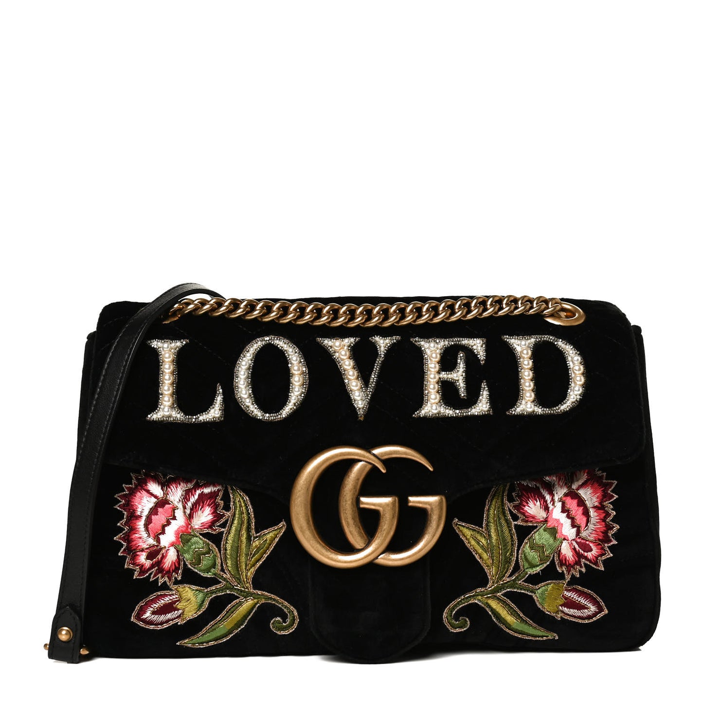 Velvet Matelasse Loved Embroidered Medium GG Marmont Shoulder Bag Black