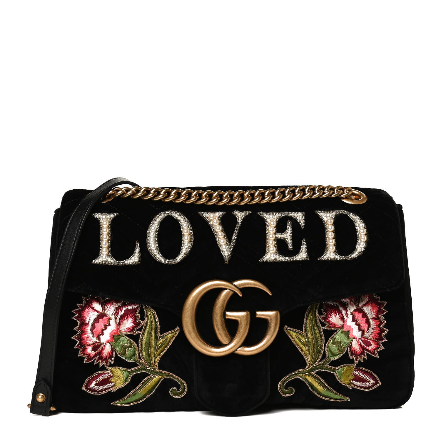 Gucci Velvet Matelasse Loved Embroidered Medium GG Marmont Shoulder Bag Black 1 of 15