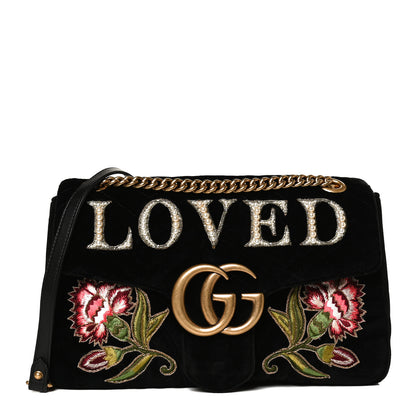 Gucci Velvet Matelasse Loved Embroidered Medium GG Marmont Shoulder Bag Black 1 of 15