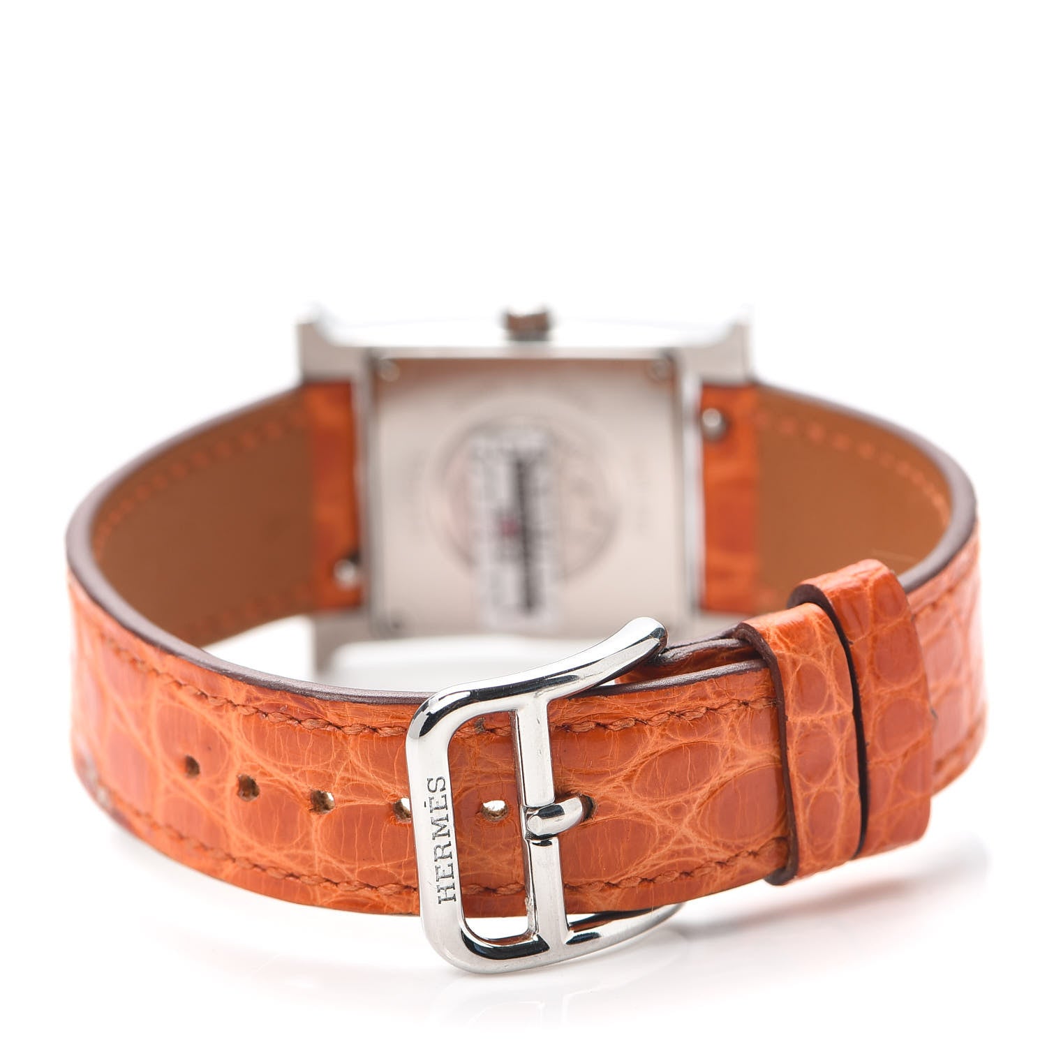 Hermes Stainless Steel Alligator Diamond Mother of Pearl 21mm Heure H Hour Quartz Watch Orange 3 of 5