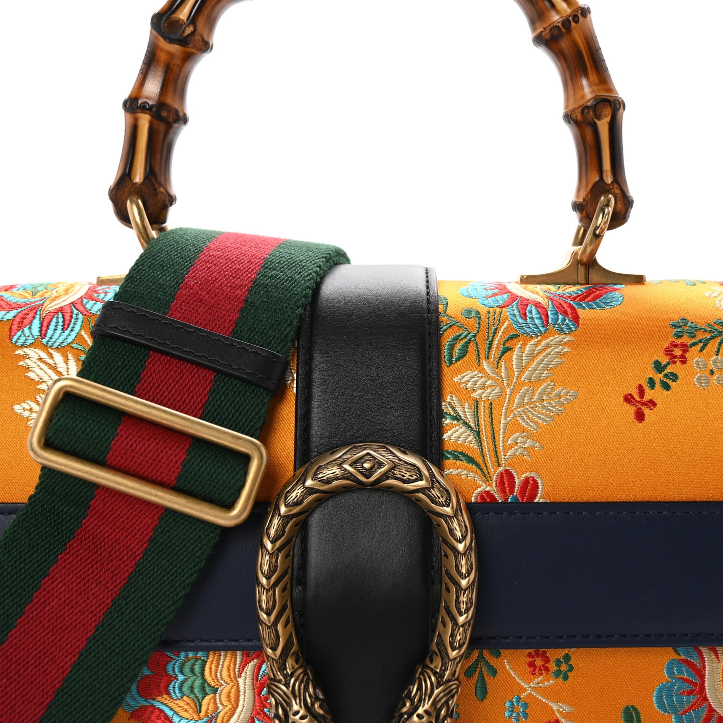 Satin Calfskin Bamboo Web Tokyo Print Medium Dionysus Top Handle Bag Giallo Multicolor Blue Agata Hibiscus Red