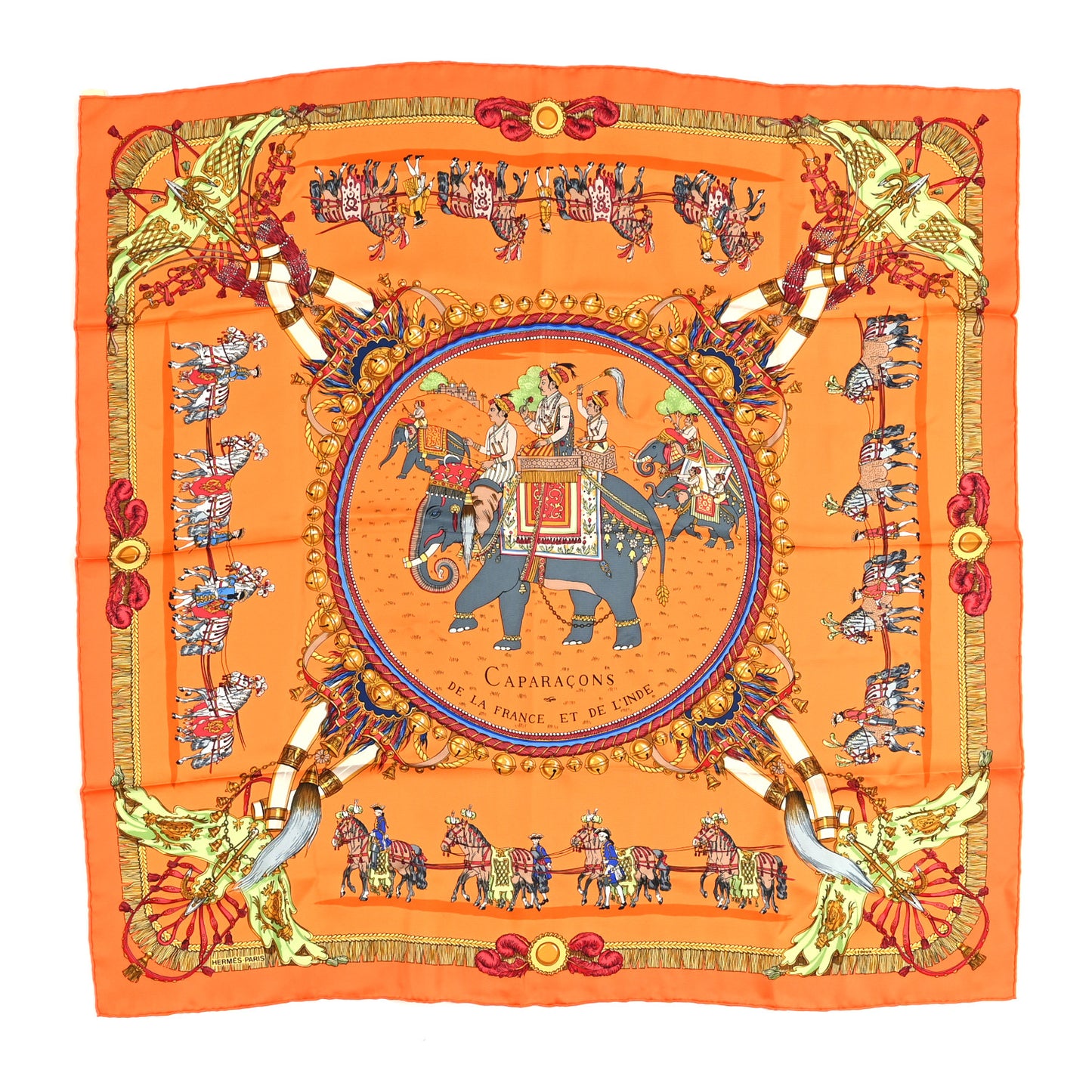 Silk Caparacons De La France Et De L'Inde Scarf 90 Orange Mandarine Gris Bleute