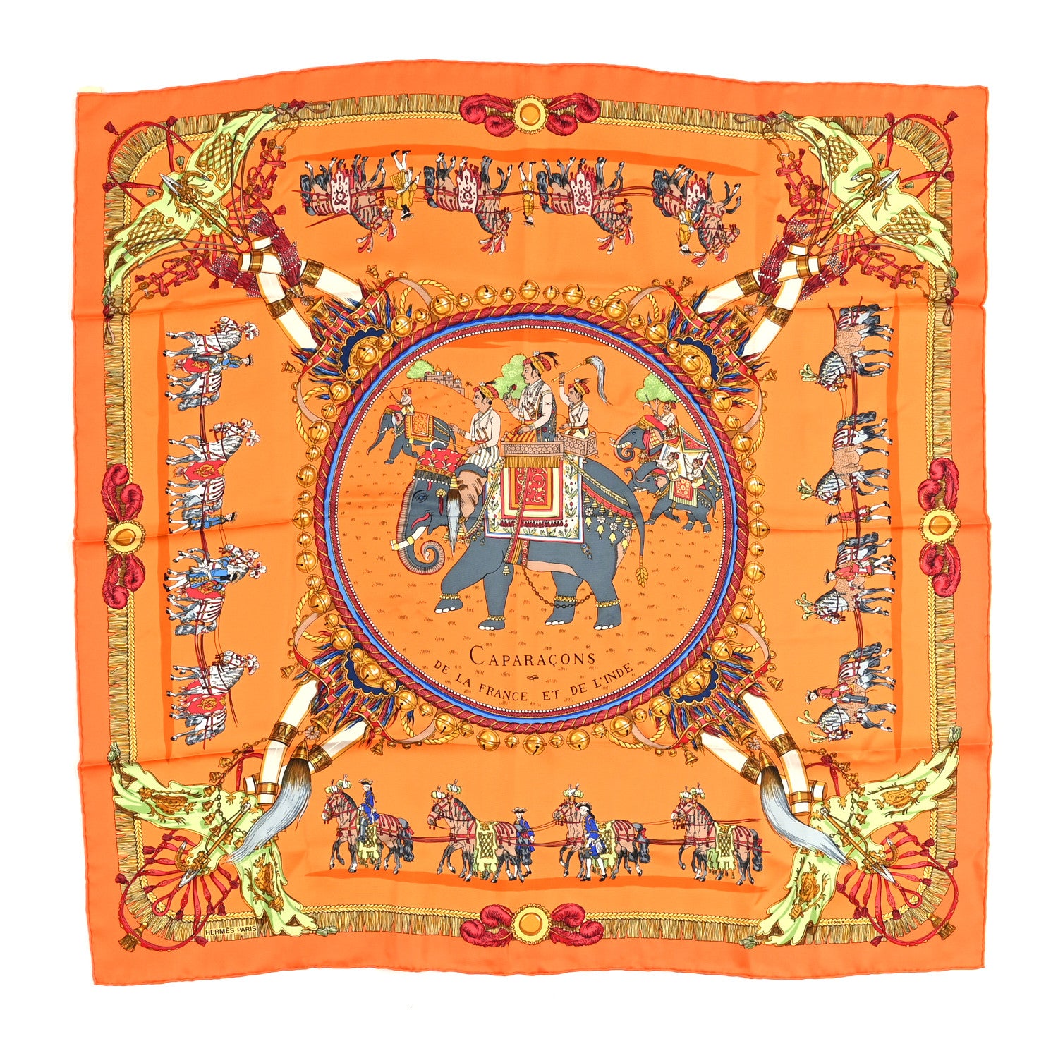Hermes Silk Caparacons De La France Et De L'Inde Scarf 90 Orange Mandarine Gris Bleute 1 of 4