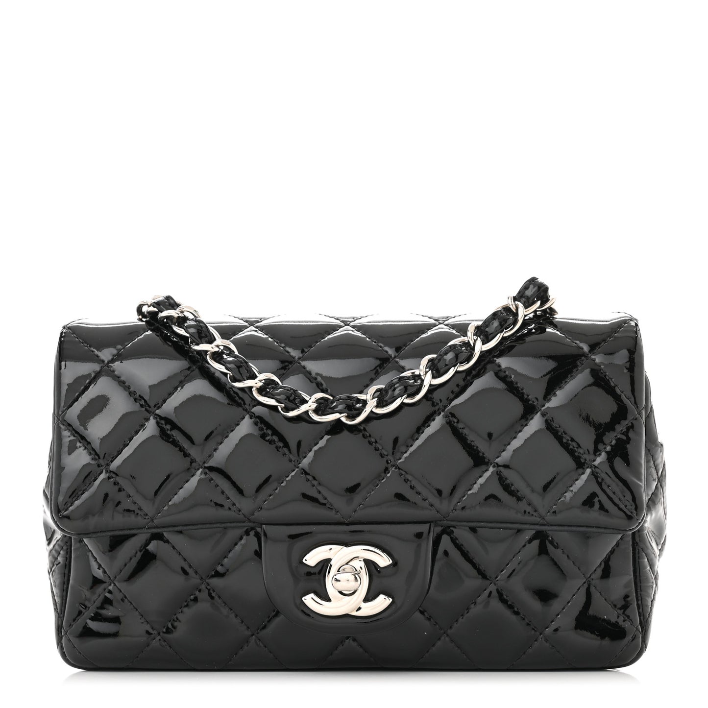 Patent Calfskin Quilted Mini Rectangular Flap Black