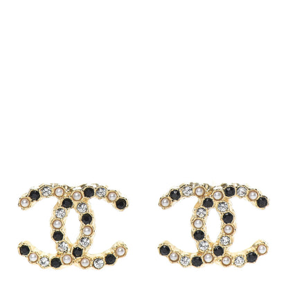 Chanel Resin Pearl Crystal CC Earrings Gold Black 1 of 5