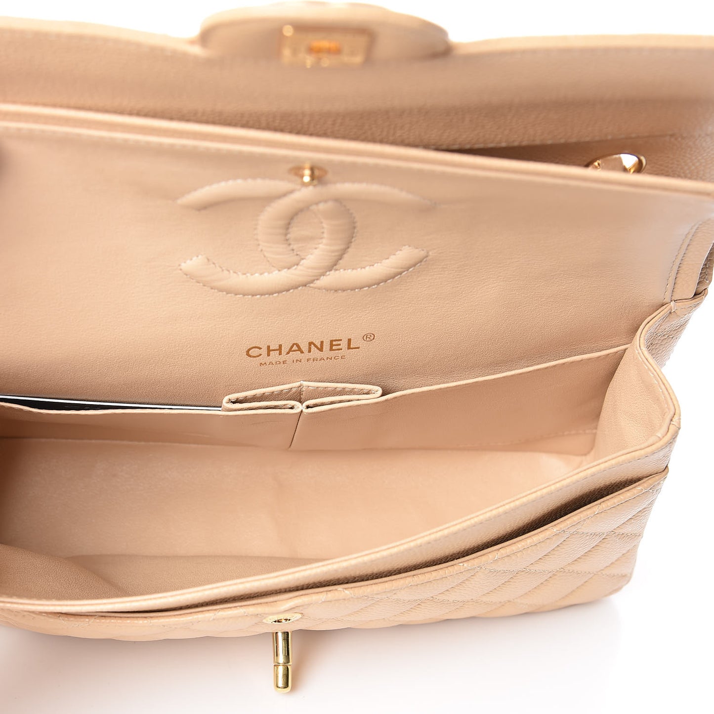 Caviar Quilted Medium Double Flap Beige Clair